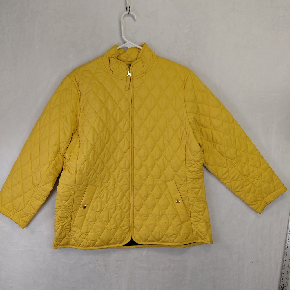 Lands End Womens Yellow Quilted Jacket Petite Large Full Zip Plaid Lined Barn
